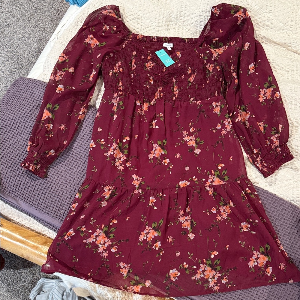 Floral Burgundy Long Sleeve Dress
